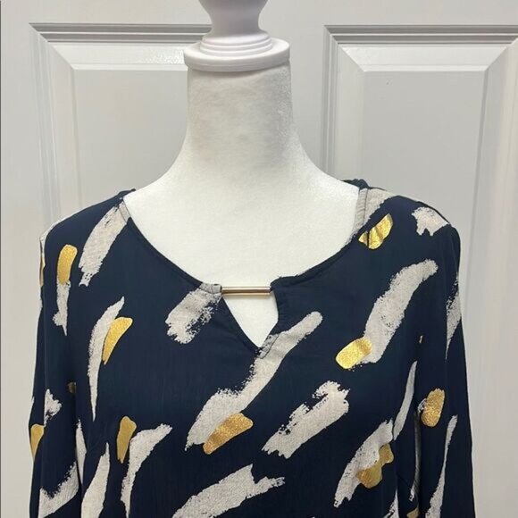 JM Collection Navy Tunic with Gold and White Patterns - Picture 3 of 4